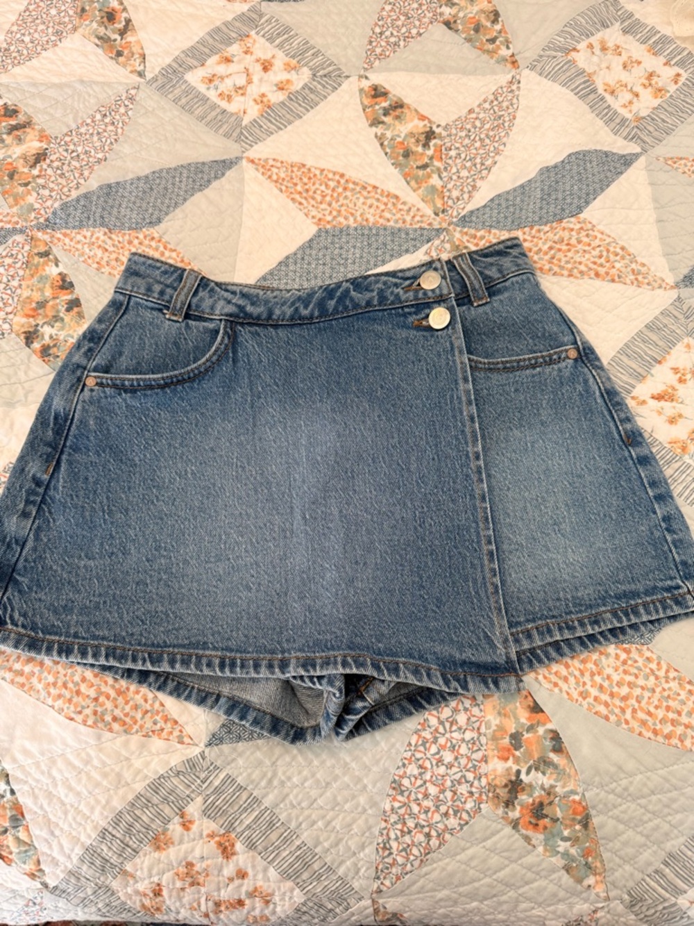 High-Rise Denim Skort Shorts in Medium Blue